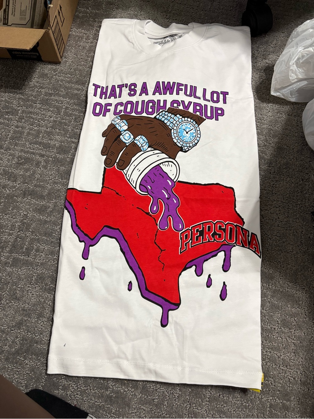 White Graphic t-shirt with Red Texas and Purple Accent